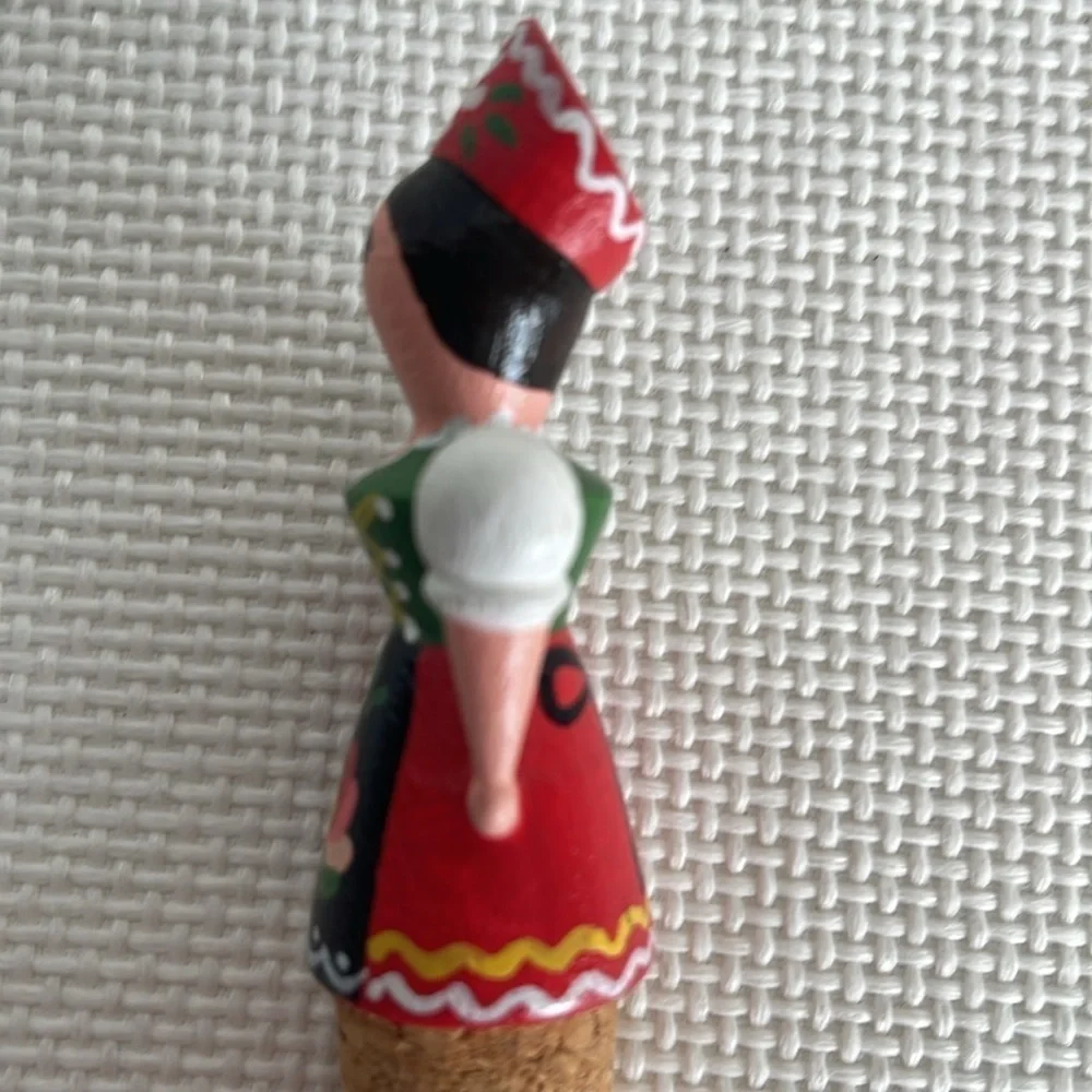 Vintage Hand Carved Wooden Wine Stopper Set of 2 Folk Art Hand Painted EUC
